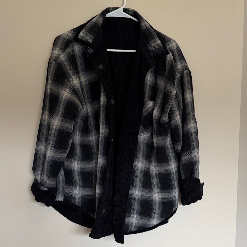 Men's Black Corduroy Jacket with Plaid Lining - Picture 2 of 3
